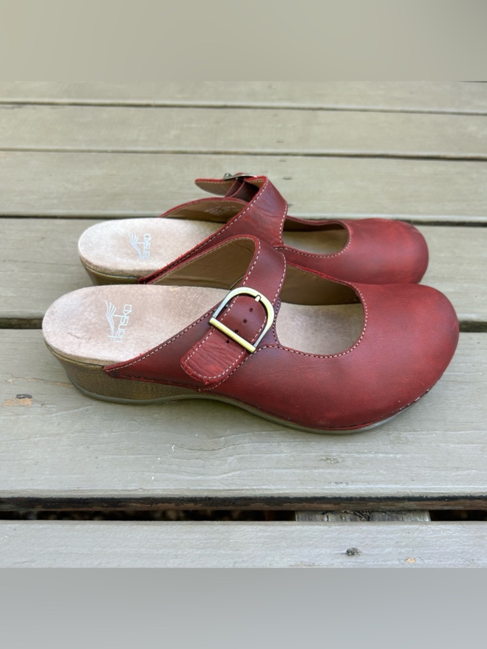Dansko Martina Burgundy Red Leather Mary Jane Clog Mules w/ Buckle | Women's 40